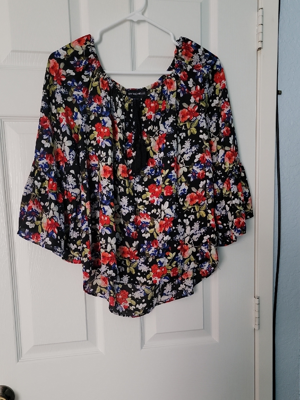 My Michelle Black Floral Peasant Blouse with Red and Blue Blooms